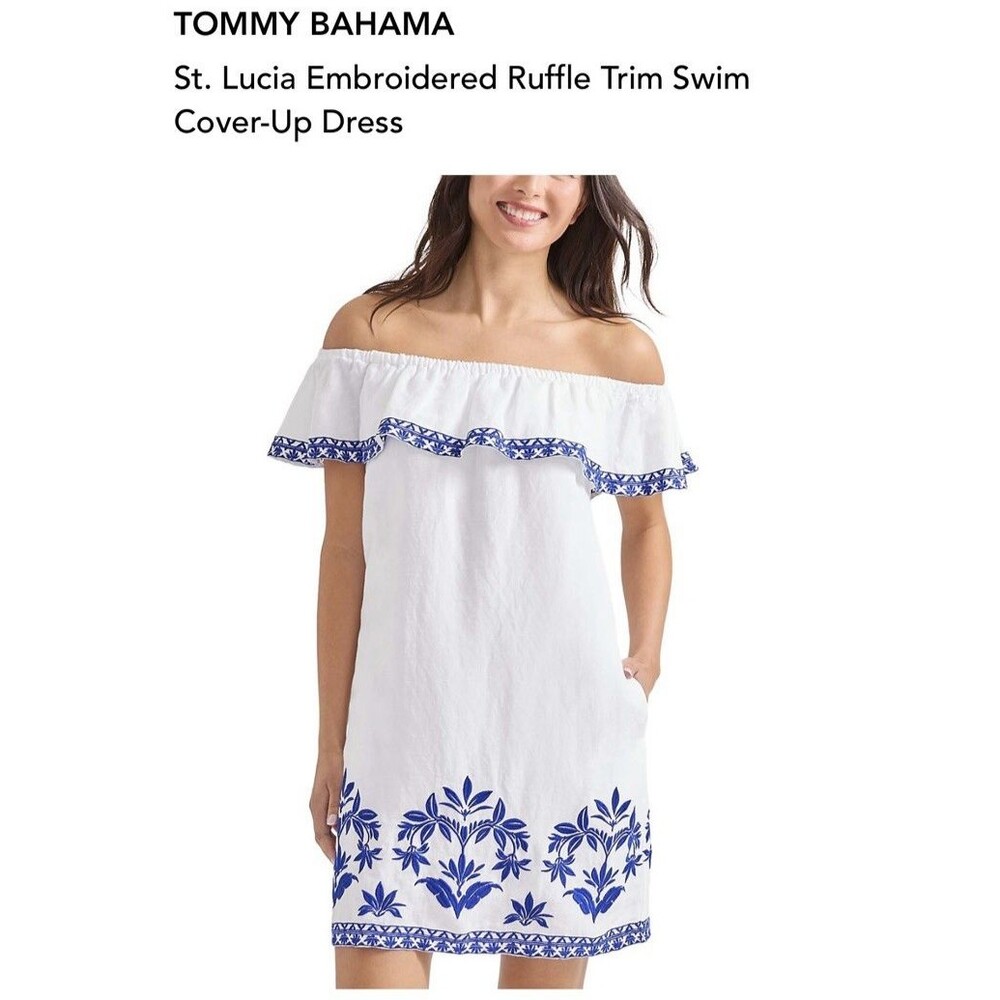 Tommy Bahama St Lucia Dress S Linen White Blue Embroidered Off Shoulder Ruffle